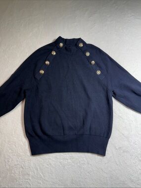 Ann Taylor Navy Turtleneck Sweater with Gold Accent Buttons